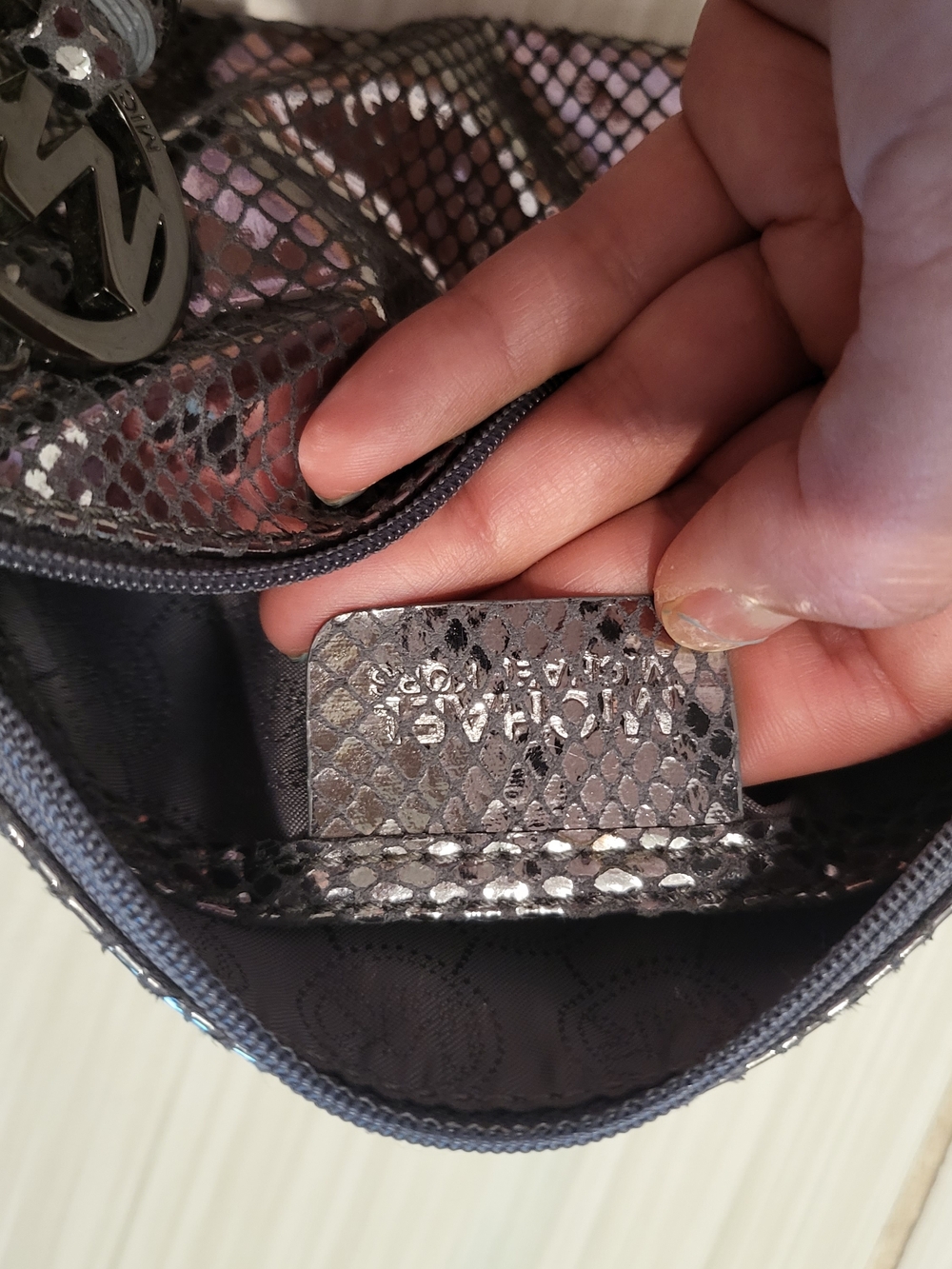 Michael Kors Metallic Snake-Embossed Cosmetic Pouch in Silver - Picture 6 of 9